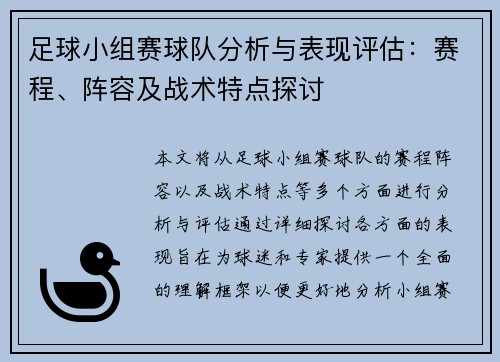 足球小组赛球队分析与表现评估：赛程、阵容及战术特点探讨