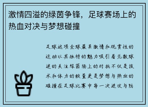 激情四溢的绿茵争锋，足球赛场上的热血对决与梦想碰撞