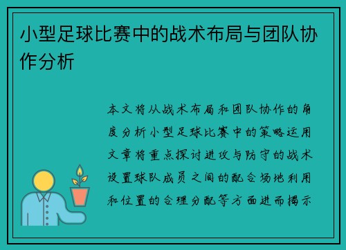 小型足球比赛中的战术布局与团队协作分析