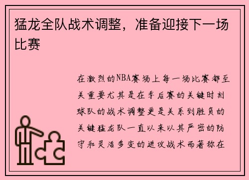 猛龙全队战术调整，准备迎接下一场比赛