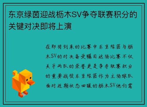东京绿茵迎战枥木SV争夺联赛积分的关键对决即将上演