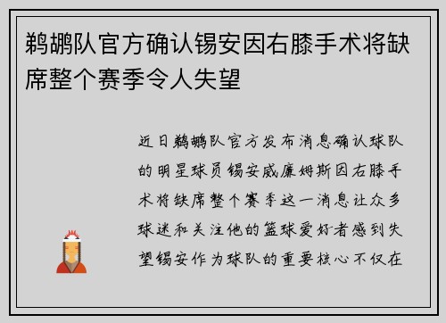 鹈鹕队官方确认锡安因右膝手术将缺席整个赛季令人失望