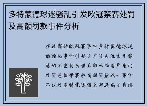 多特蒙德球迷骚乱引发欧冠禁赛处罚及高额罚款事件分析