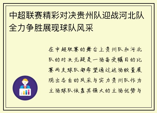 中超联赛精彩对决贵州队迎战河北队全力争胜展现球队风采
