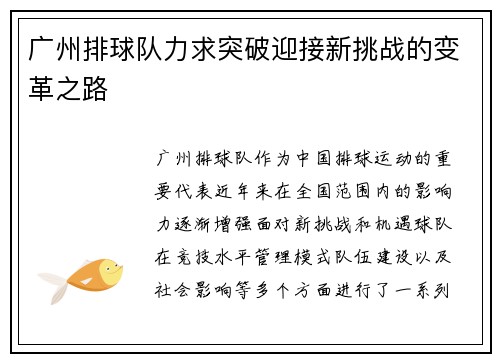广州排球队力求突破迎接新挑战的变革之路